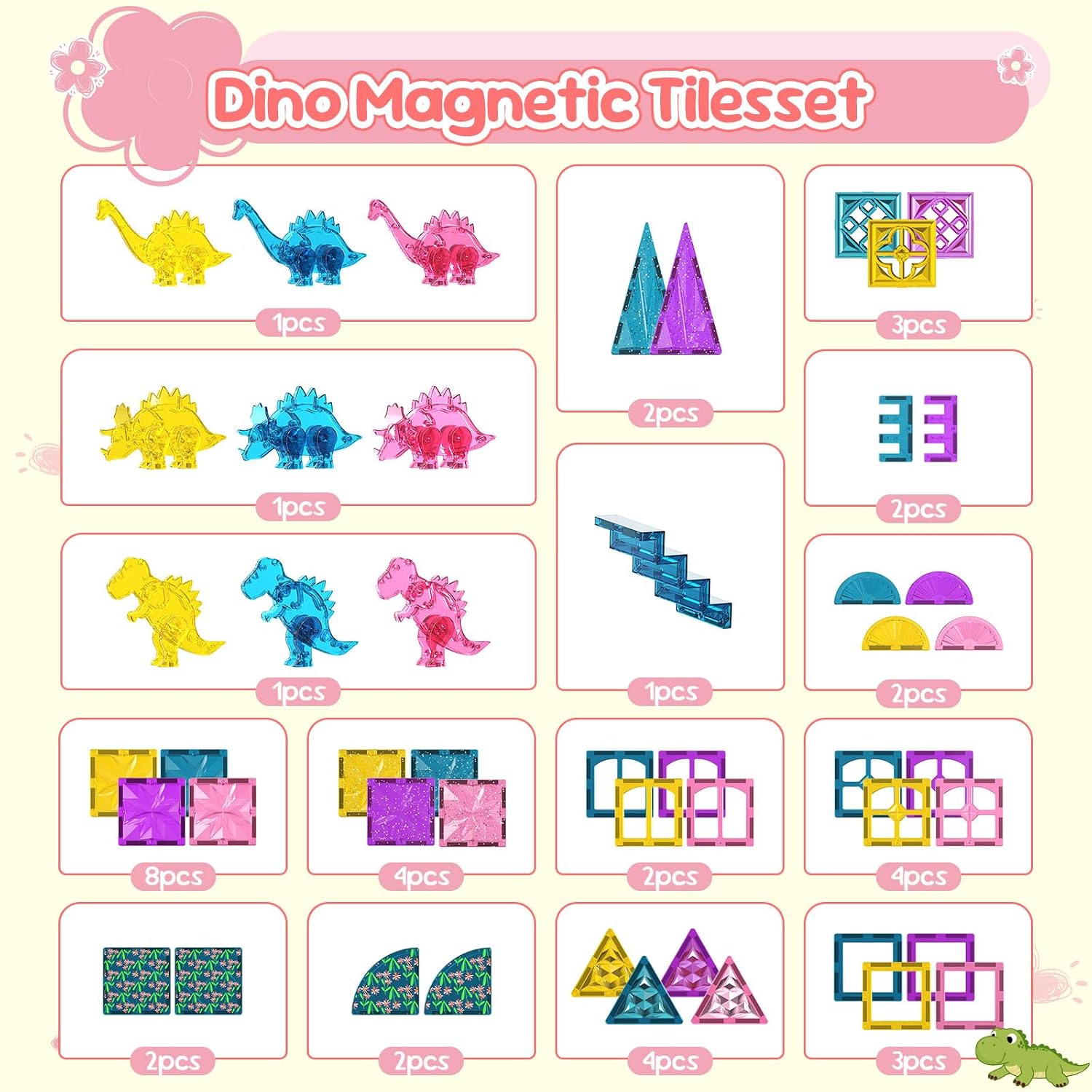 Dinosaur - Magnetic Building Tiles Set - Sensory Play Toy - Ages 3-5