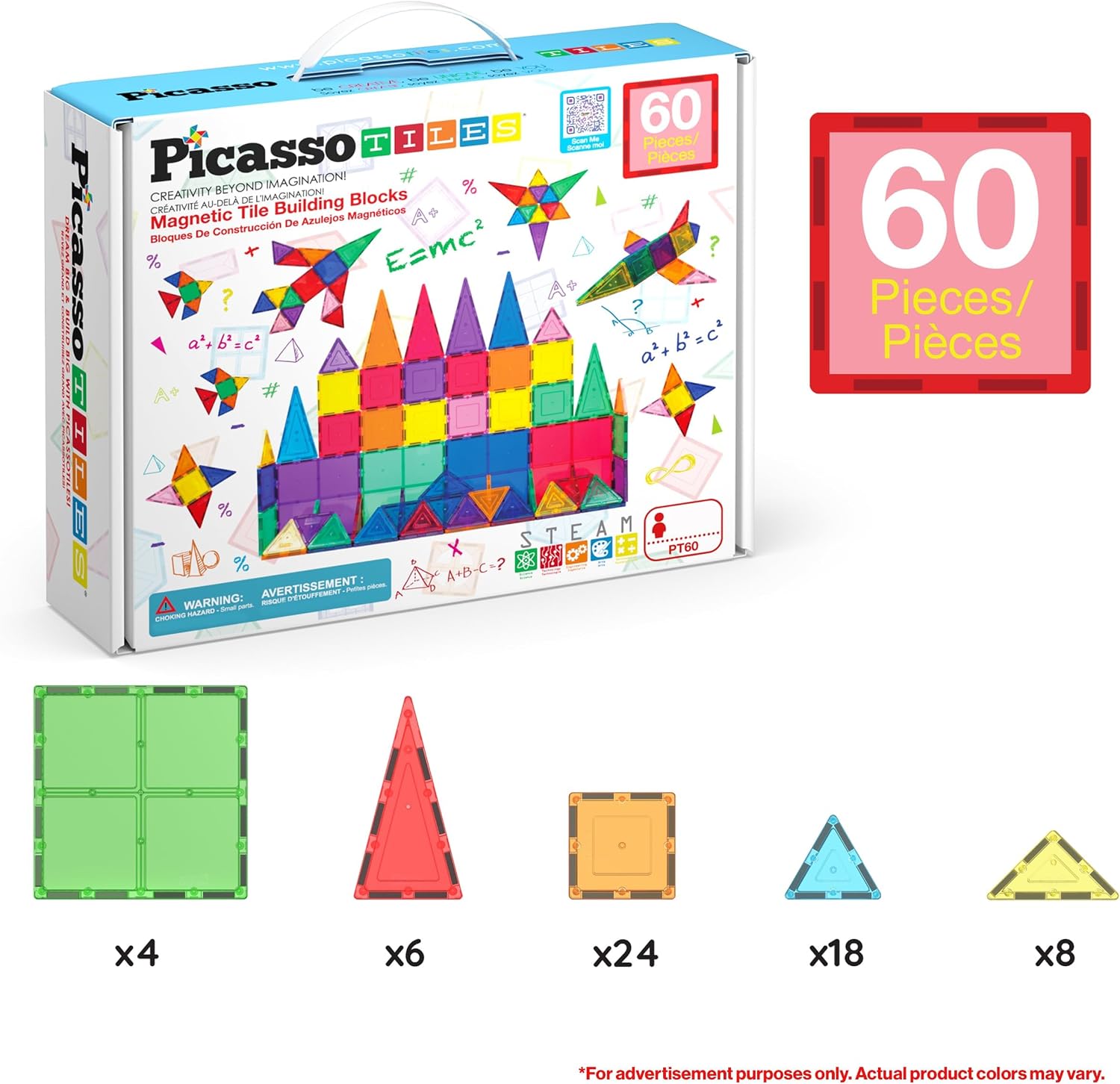 60-Piece - Sensory - Magnetic Building Tiles Set - STEM Learning Toy - Ages 3+