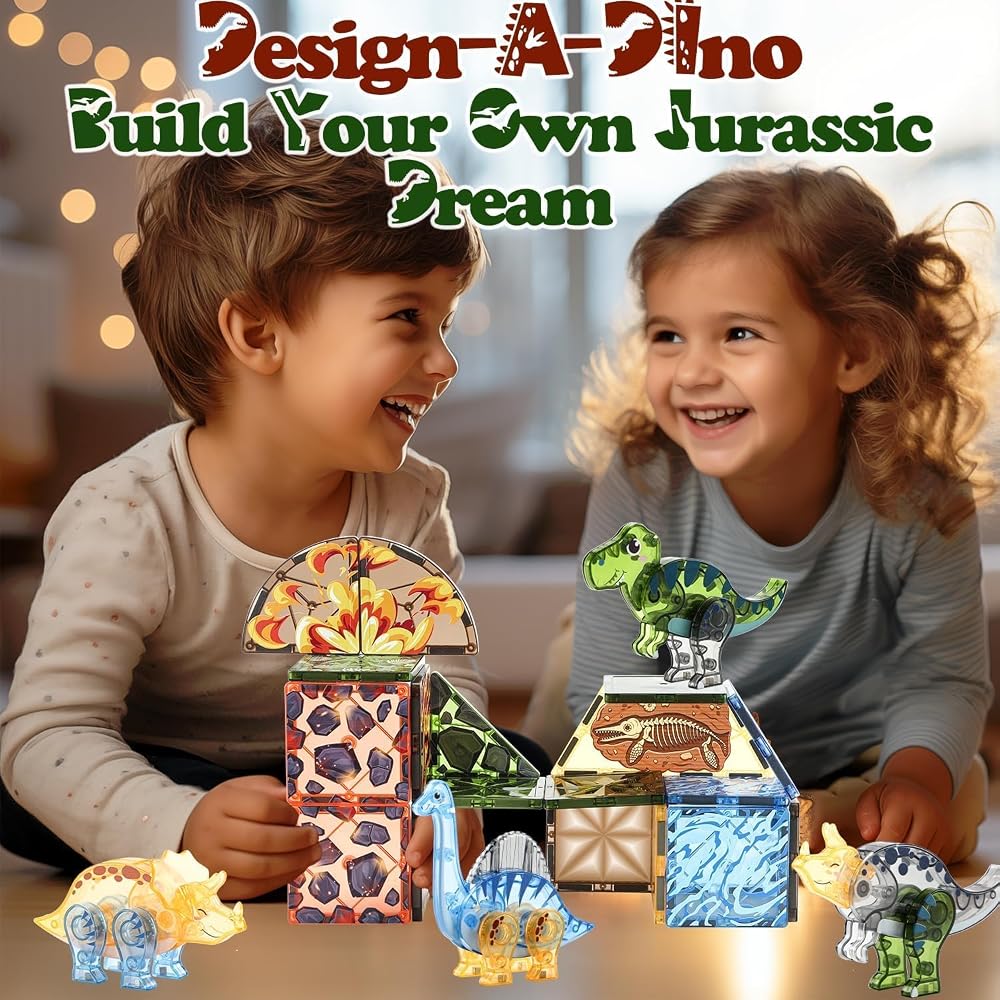 Dinosaur - Magnetic Building Tiles Set - STEM Learning Toy - Ages 3
