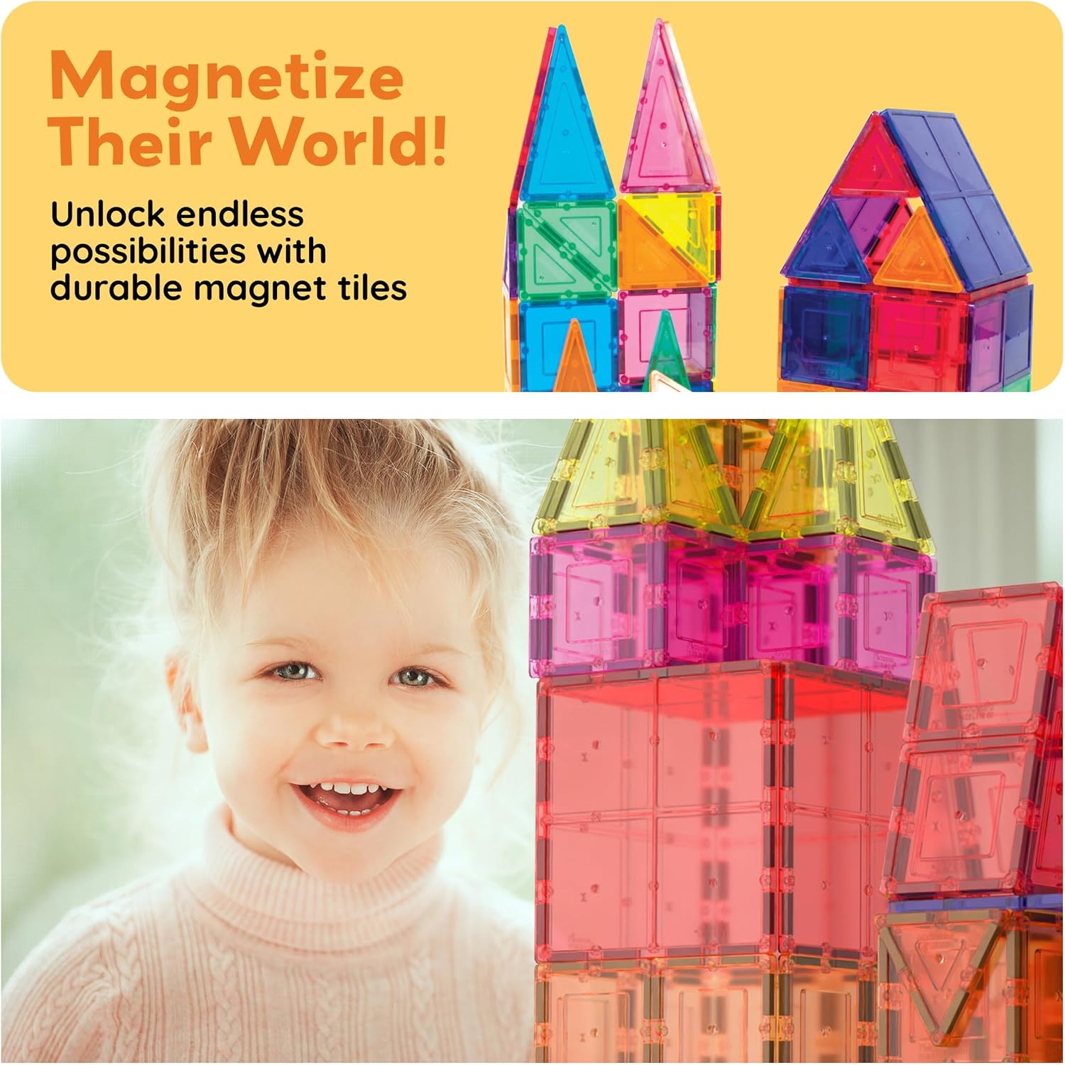 60-Piece - Sensory - Magnetic Building Tiles Set - STEM Learning Toy - Ages 3+