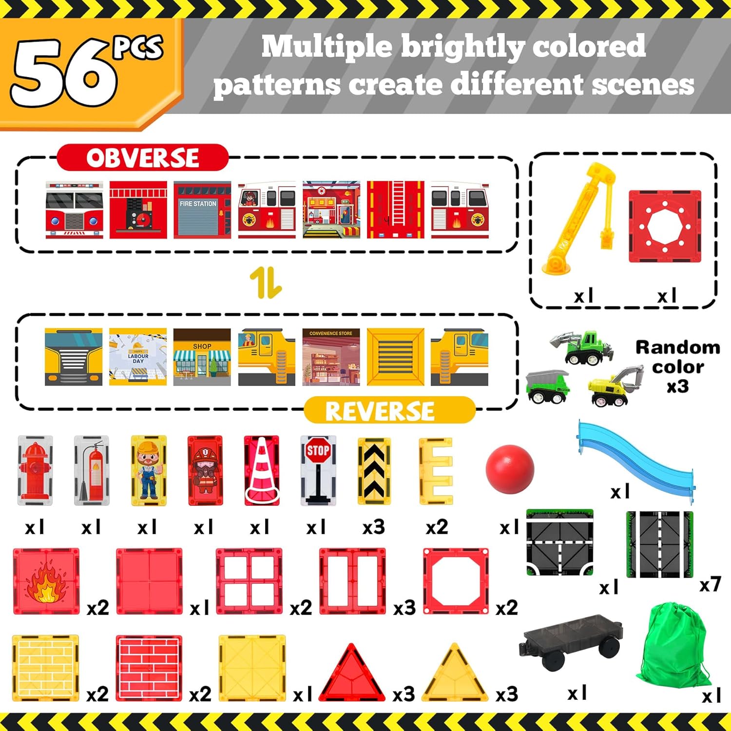 56-Piece - Car - Magnetic Building Tiles Set - STEM Learning Toy - Ages 4-8