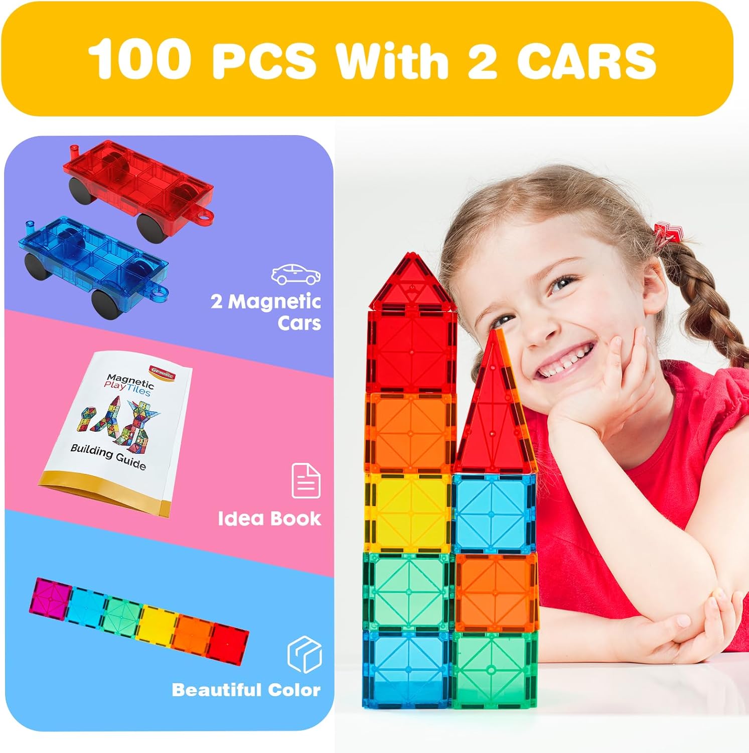 100-Piece - Car - Magnetic Building Tiles Set - STEM Learning Toy - Ages 3+