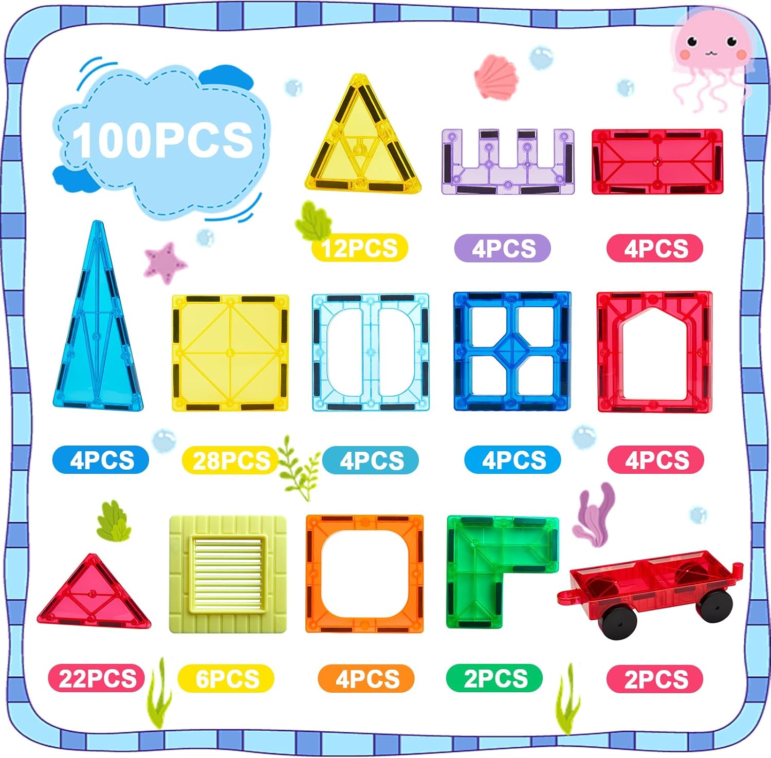 100-Piece - Car - Magnetic Building Tiles Set - STEM Learning Toy - Ages 3-9