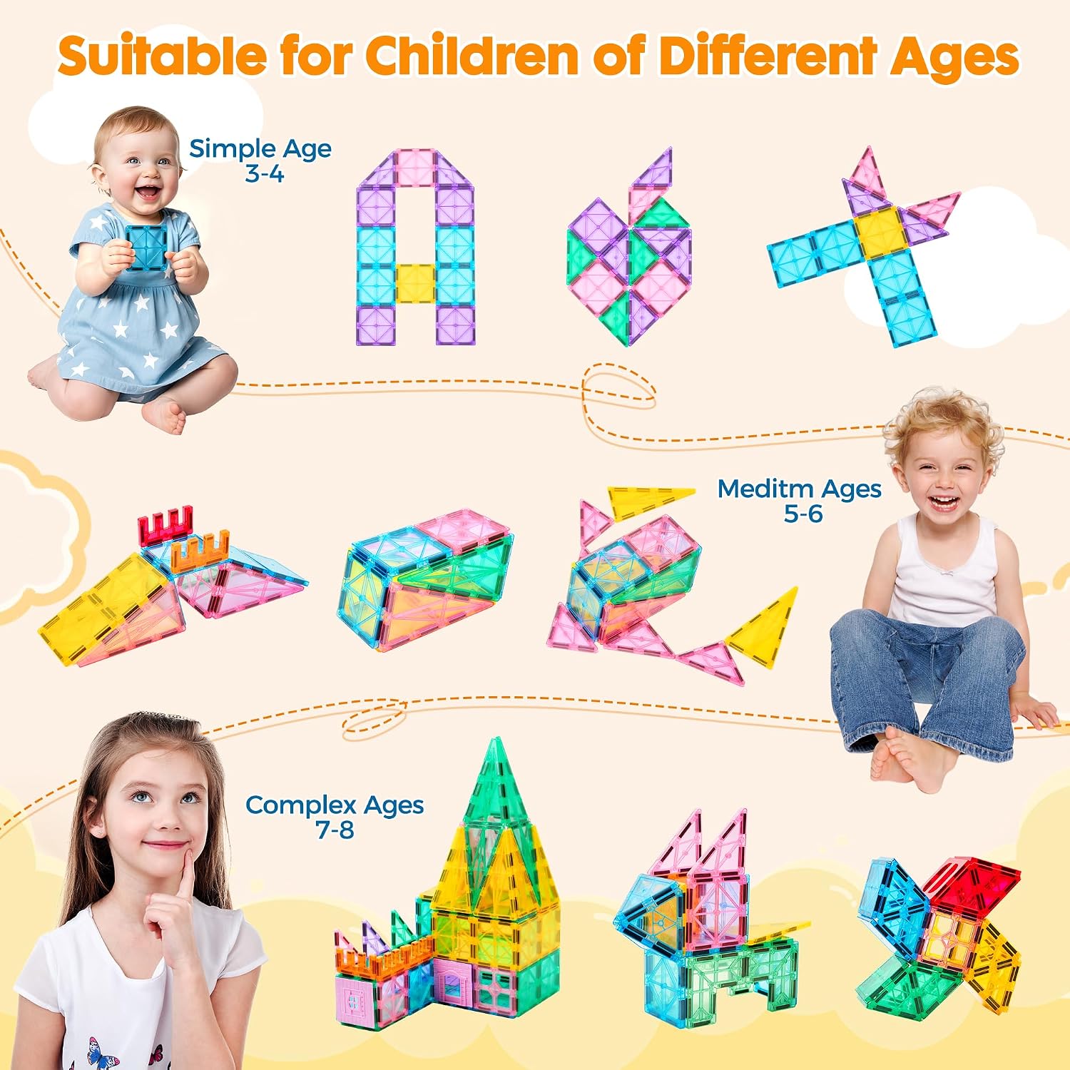 182-Piece - Magnetic Building Tiles Set - STEM Learning Toy - Ages 3+