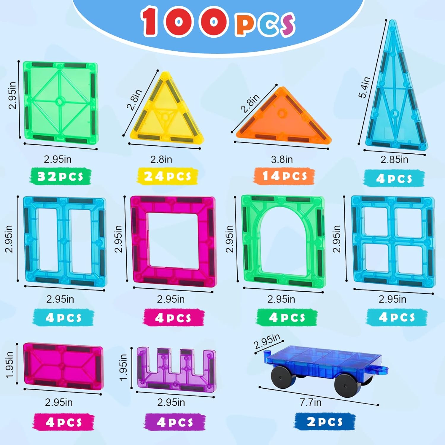 100-Piece - Car - Magnetic Building Tiles Set - STEM Learning Toy - Ages 3+