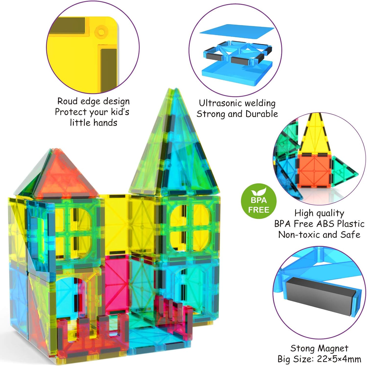 60-Piece - Magnetic Building Tiles Set - STEM Learning Toy - Ages 3+
