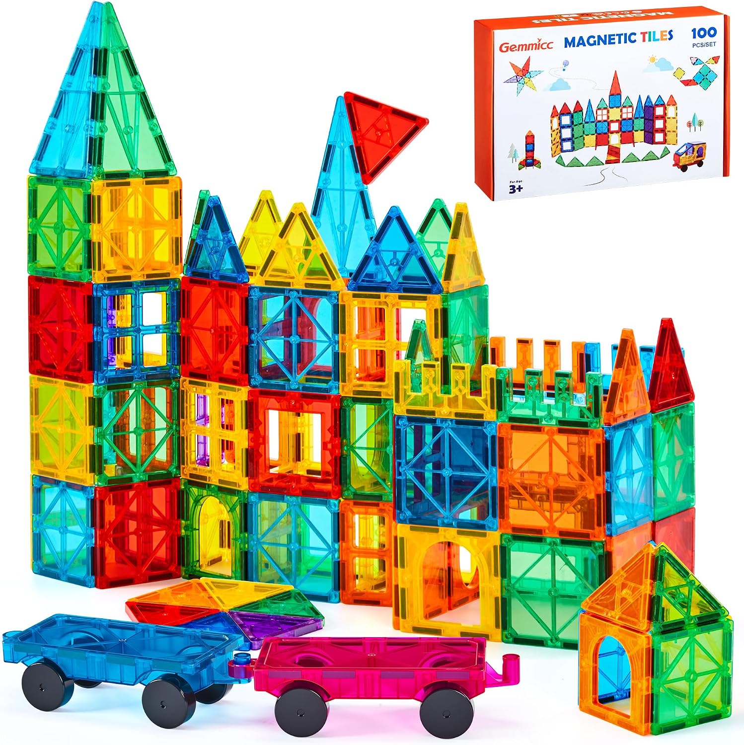100-Piece - Car - Magnetic Building Tiles Set - STEM Learning Toy - Ages 3+