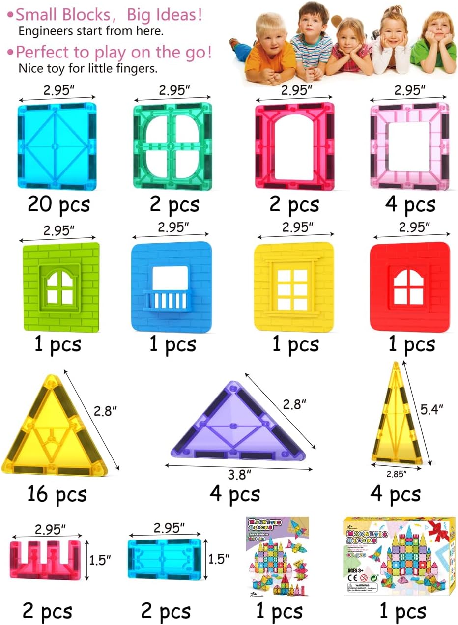 60-Piece - Magnetic Building Tiles Set - STEM Learning Toy - Ages 3+