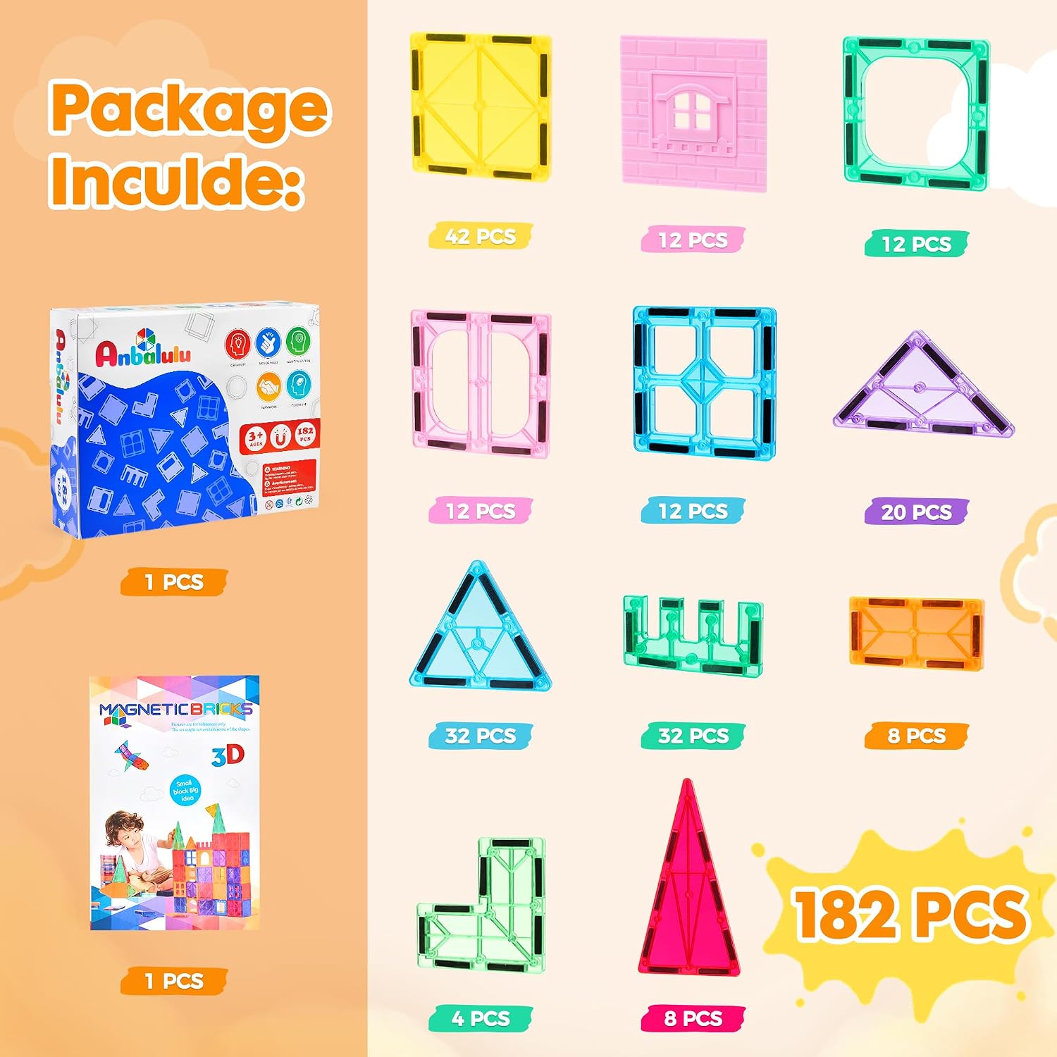 182-Piece - Magnetic Building Tiles Set - STEM Learning Toy - Ages 3+