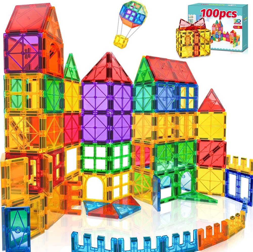 100-Piece - Sensory - Magnetic Building Tiles Set - STEM Learning Toy - Ages 4-8