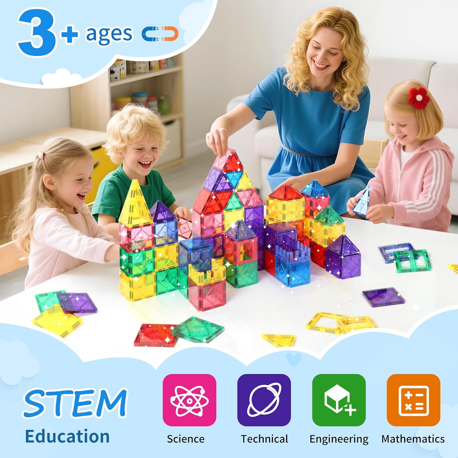 100-Piece - Sensory - Magnetic Building Tiles Set - STEM Learning Toy - Ages 4-8