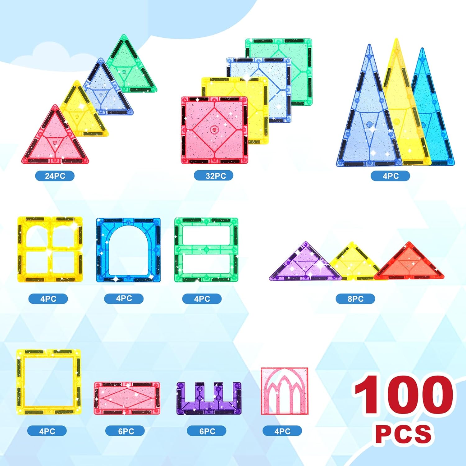 100-Piece - Sensory - Magnetic Building Tiles Set - STEM Learning Toy - Ages 4-8