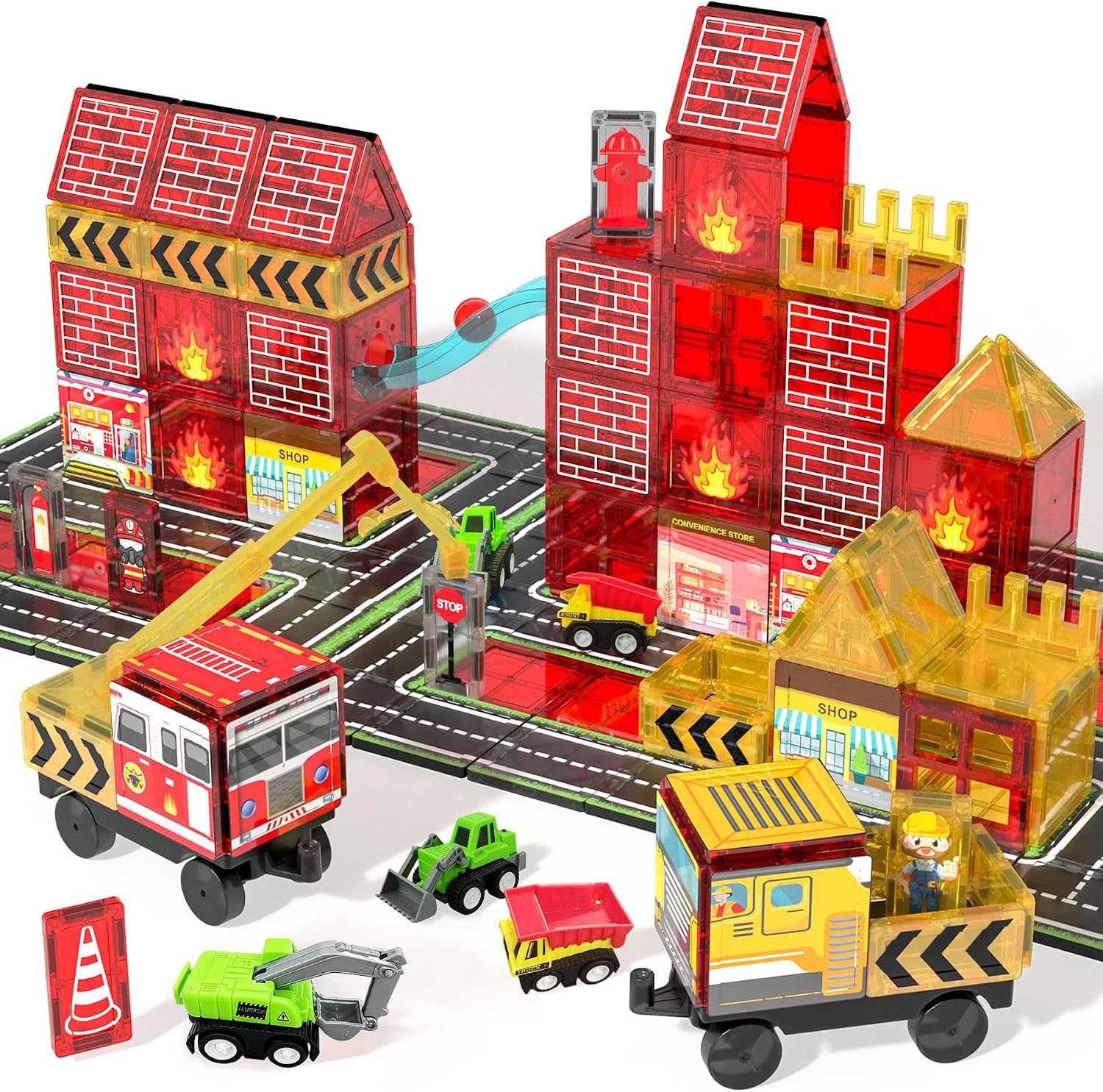 56-Piece - Car - Magnetic Building Tiles Set - STEM Learning Toy - Ages 4-8