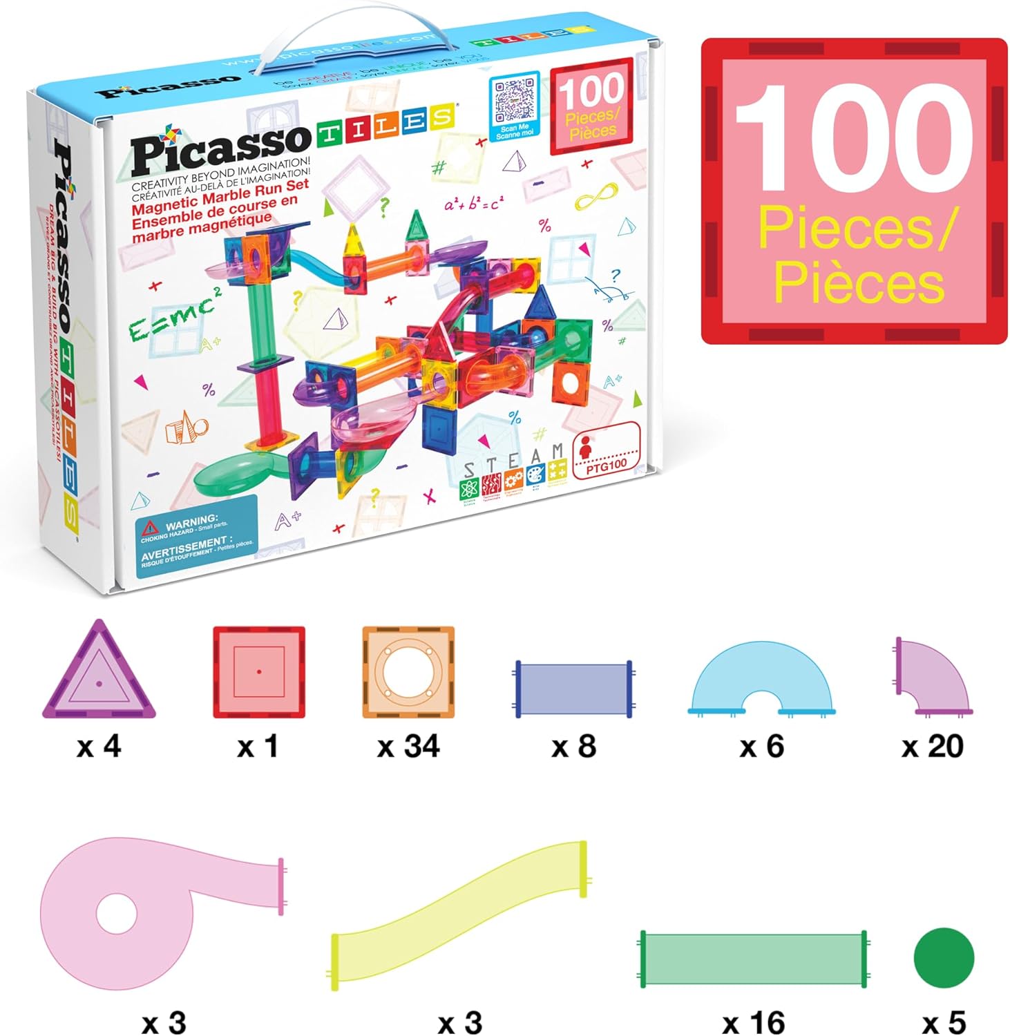 100-Piece - Marble Run - Magnetic Building Tiles Set - STEM Learning Toy - Ages 3+
