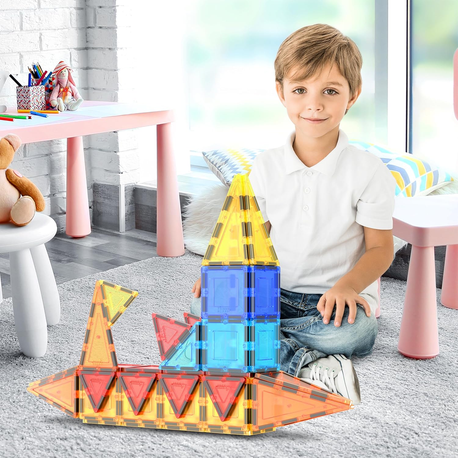 60-Piece - Sensory - Magnetic Building Tiles Set - STEM Learning Toy - Ages 3+