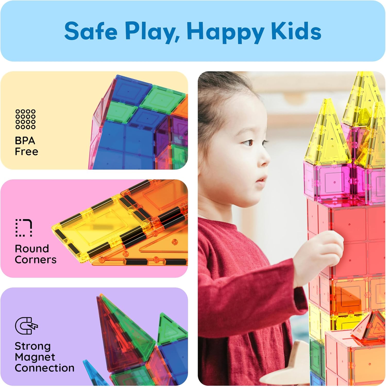 60-Piece - Sensory - Magnetic Building Tiles Set - STEM Learning Toy - Ages 3+
