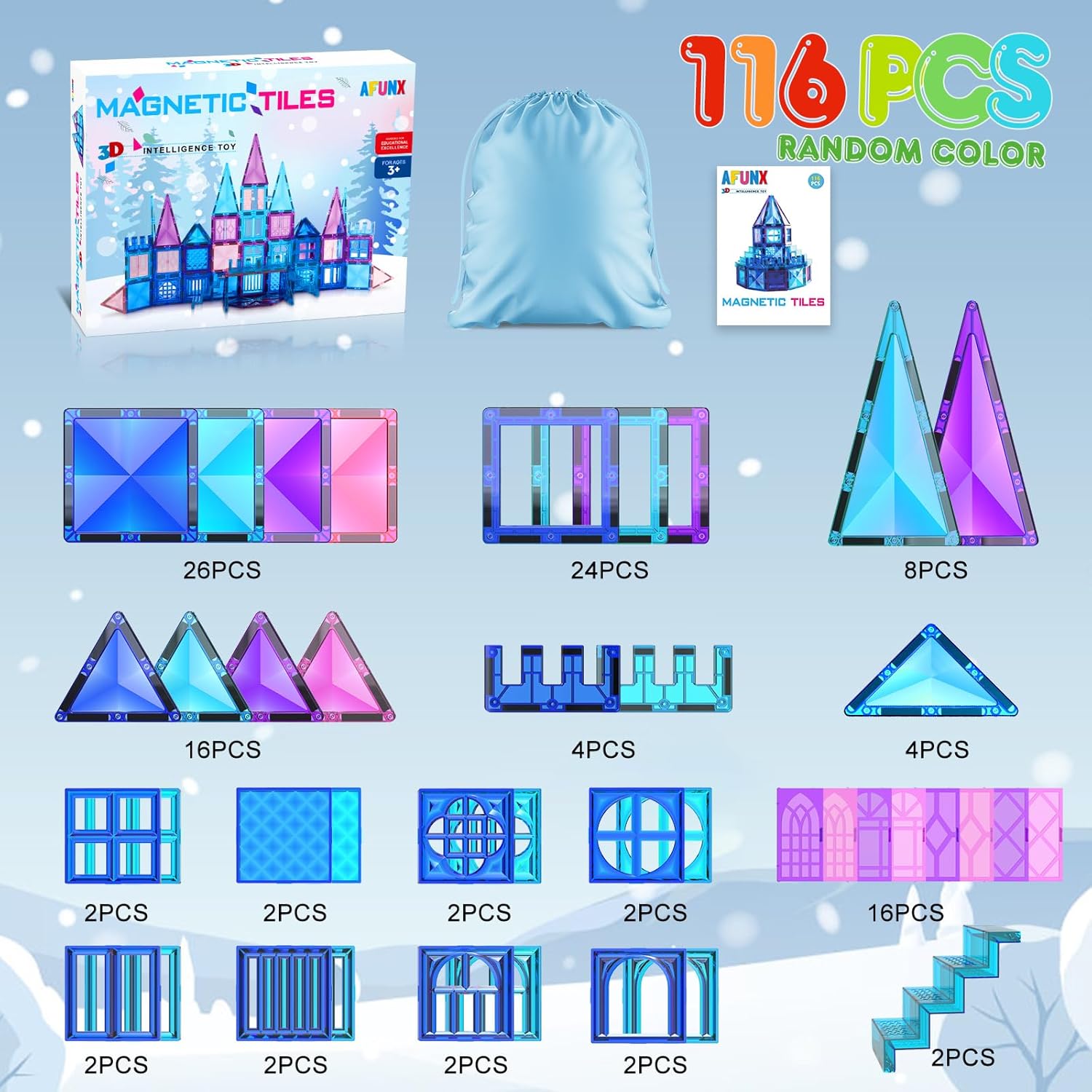 116-Piece - Magnetic Building Tiles Set - STEM Learning Toy - Ages 3