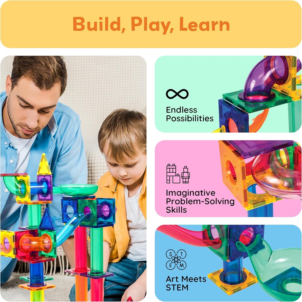 100-Piece - Marble Run - Magnetic Building Tiles Set - STEM Learning Toy - Ages 3+