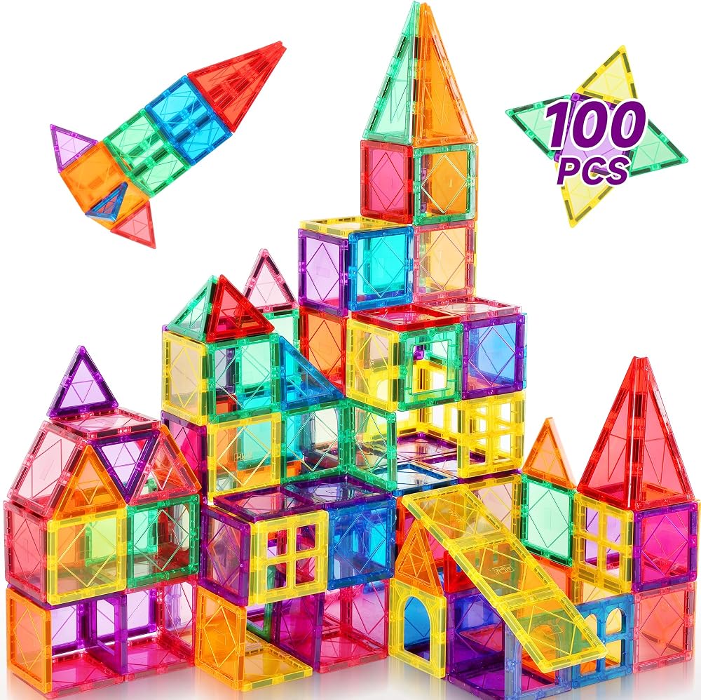 100-Piece - Sensory - Magnetic Building Tiles Set - STEM Learning Toy - Ages 3-5
